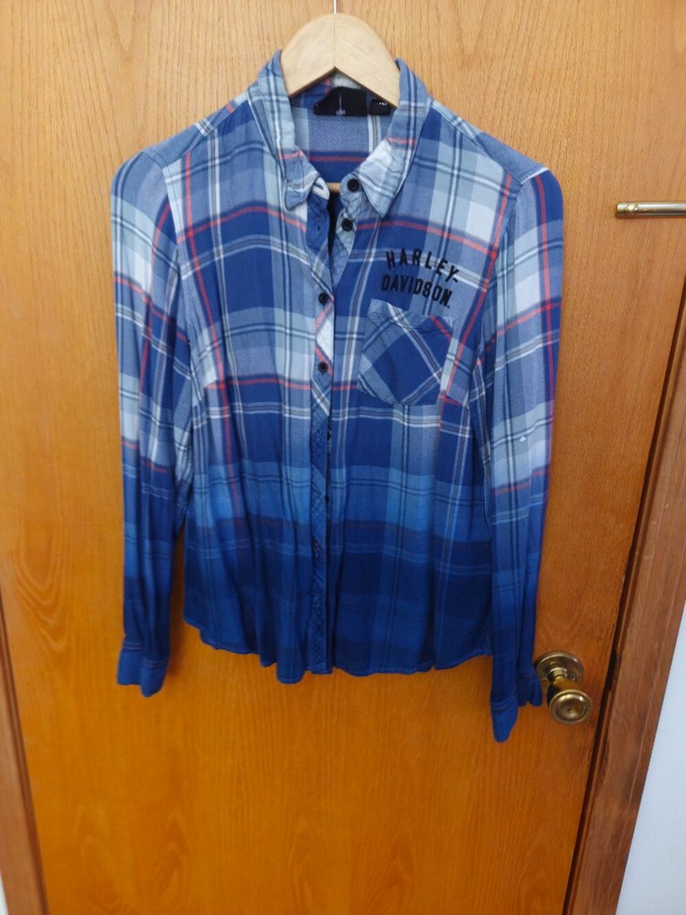 blue and white plaid harley davidson button down shirt  ombre dip dye on bottom
